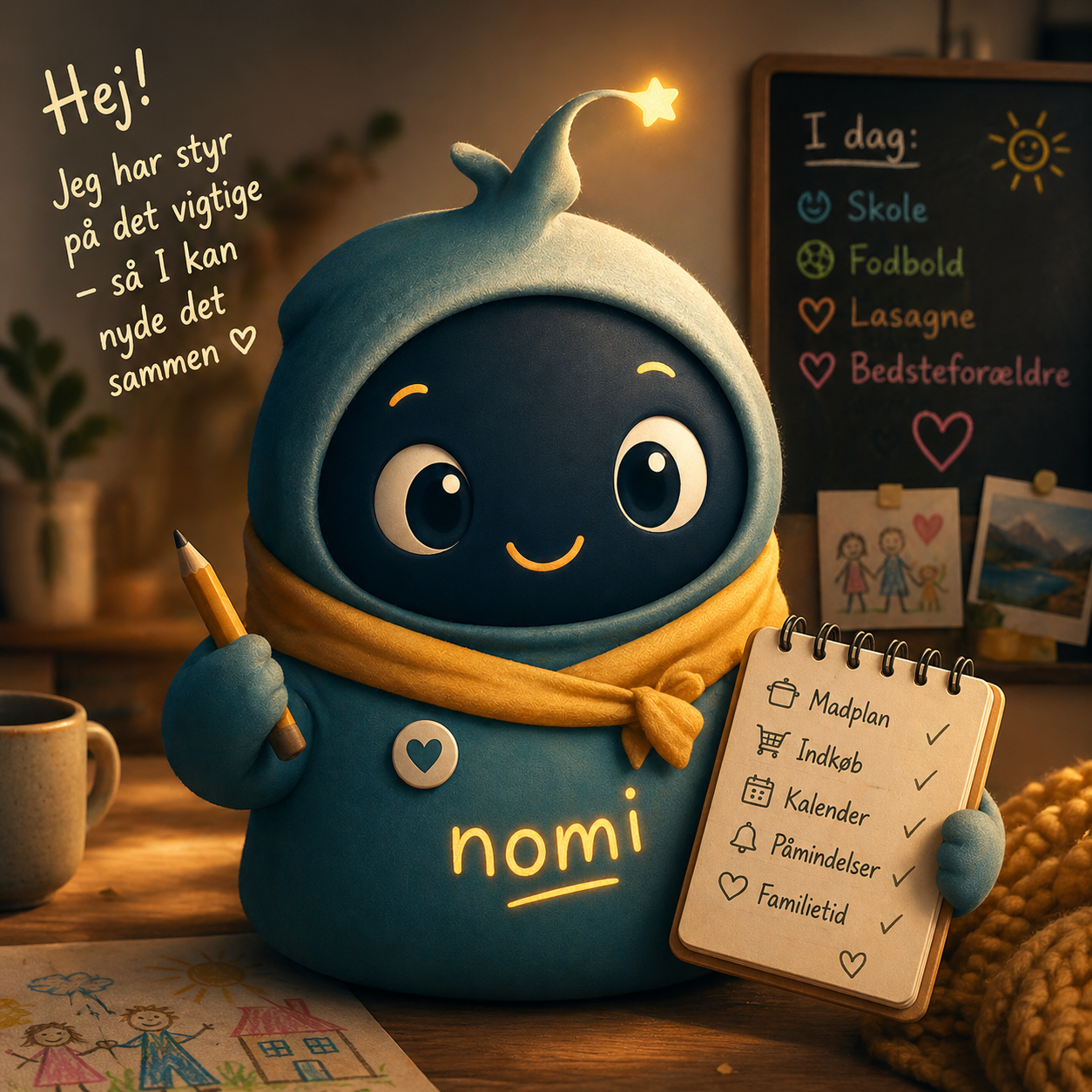 Nomi holder en notesbog med familieplaner